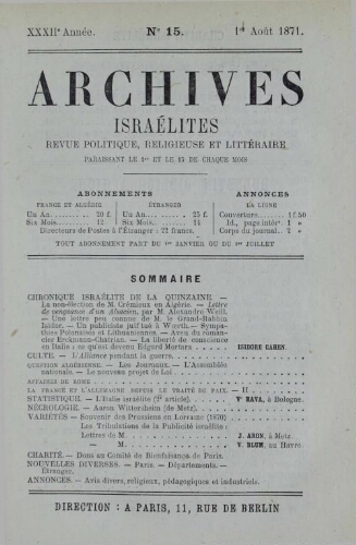 Archives israélites de France. Vol.32 N°15 (01 août 1871)